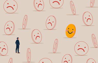 Zeki iş adamı yeni gülen yüz emojisi bularak iş hayatına karar verir. Fırsatlar, kararlar, yeni fikirler. Vektör illüstrasyon kavramı.
