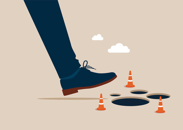 Предприниматель избегает ловушки, невзгод и храбрости, чтобы перепрыгнуть мимо ошибки или провала бизнеса. Плоская векторная иллюстрация