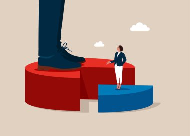 Büyük işadamı ve takım elbiseli, evrak çantalı, turta grafiğinin üzerinde duran küçük bir iş kadını. Piyasa paylaşımı. Rekabet. Düz vektör illüstrasyonu