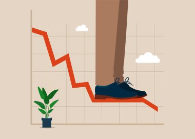 Kırmızı grafikten düşen bir adam. Ekonomik durgunluk, borsanın düşüşü, enflasyondan kaynaklanan finansal kriz. Düz vektör illüstrasyonu.