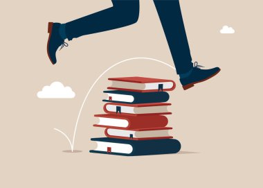 Eğitim. İş adamı yüksek kitap yığınının üzerinden atlıyor. Düz vektör illüstrasyonu