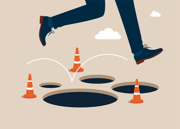 Прыжок пройти много ловушек и смело перепрыгнуть пройти ошибки и неудачи, творческий подход к решению проблемы концепции. Плоская векторная иллюстрация.