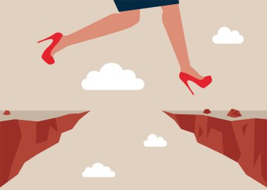 Uçurumun üzerinden atlayan bir kadın. Uçurumdan atlamak. Düz vektör illüstrasyonu.