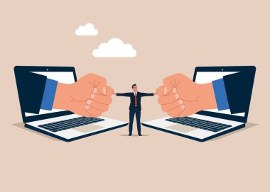 İki yumruk eldivenini birbirinden ayıran bir avukat. Meslektaşlar arasındaki anlaşmazlık, fikir ayrılığı, anlaşmazlık, çatışma. Düz vektör illüstrasyonu