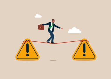 Akrobat işadamı bir ünlem işaretinden diğerine dar bir ip boyunca yürür. Olay Yönetimi. Düz vektör illüstrasyonu