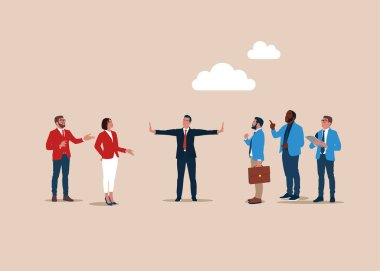 Çatışma çözümü. Ciddi ticaret gerilimi ya da ticaret savaşı. Karşı çıkan iş adamlarını ayıran avukat. Düz vektör illüstrasyonu