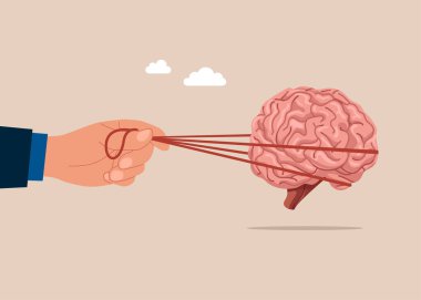 Beyin fırtınası. Beyin tüm çabasıyla kaçmaya çalışıyor. Olumsuz tavır. Düz vektör illüstrasyonu