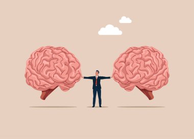 Beyin fırtınası. İki beyni birbirinden ayıran avukat. Çatışma çözümü. Fikir, Finansal ve Yatırım Büyümesi. Düz vektör illüstrasyonu