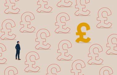 Akıllı iş adamı yeni bir sterlin bularak iş yapmaya karar verir. Fırsatlar, kararlar, yeni fikirler. Vektör illüstrasyon kavramı.