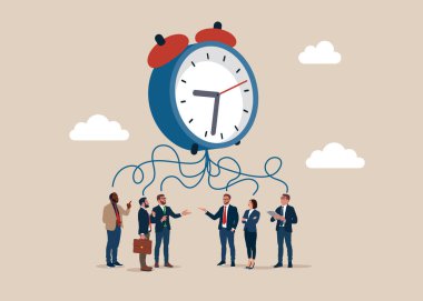 İş adamları esnek çalışma saatleri, iş hayatı dengesi ya da ev konsepti üzerinde çalışırken odaklanma ve zaman yönetimi hakkında düşünürler. Düz vektör illüstrasyonu