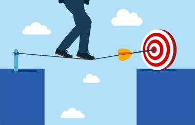 Adam iple hedefe doğru yürüyor. İp boşluğunda yürüyen bir iş adamı. Mali kriz. Risk yönetimi zorluğu. Çizim düz biçimli
