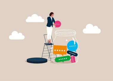 İş kadını konuşma baloncuklarını dev cam kavanoza doldurdu. Tartışma, sohbet, toplantı, takım iletişimi. Düz vektör illüstrasyonu