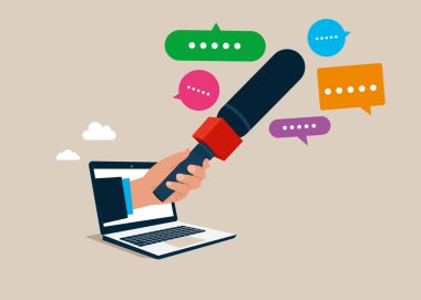 Gazetecilik kavramı. Yaratıcı konuşma balonu diyalog kutusu ile medya röportajı. Düz vektör illüstrasyonu