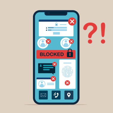 Ekranda Bloke Hesap ile telefon ekranı. Hacker Siber Saldırısı, Sansür veya Fidye Hareketi Güvenliği. 