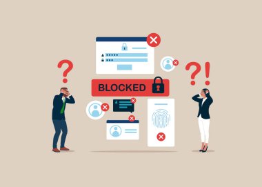 Hacker Cyber Attack, Censorship or Ransomware Activity Security. Business people at Surprised with Blocked Account on Screen. Flat vector Illustration. clipart