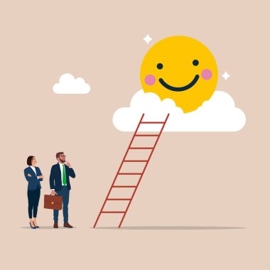 Bulutlarda gülümseyen emoji sembolü. Pozitif tavır. Düz biçimli modern vektör illüstrasyonu