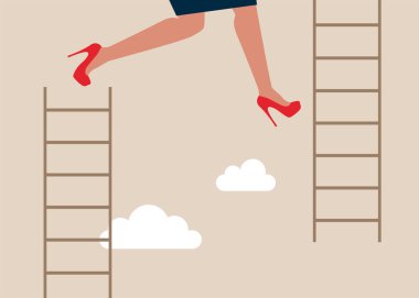 Kadın merdivenlerden yüksek merdivenlere zıplıyor. Vektör illüstrasyonu