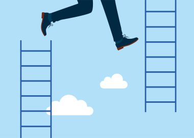 Adam merdivenlerden yüksek merdivenlere zıplıyor. Vektör illüstrasyonu