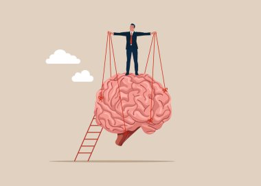 Beyni kontrol etmek için kukla ipi. Para kazanmak için çaba ve zaman. İnsan zihnini manipüle et. Düz vektör illüstrasyonu