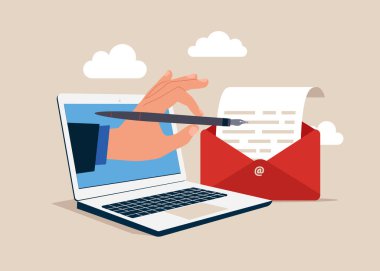 Elinde dolmakalem tutan bir iş adamı. Yeni iş için internete başvurun. En iyi iş görüşmeleri için e-posta iletişimi. Düz biçimli modern vektör illüstrasyonu.