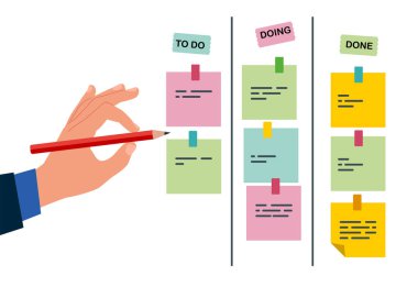 Kanban yönetim kurulundaki proje ilerlemesini gözden geçir. Yapılacaklar listesi, devam etmekte olan ve bitirilen bir görev. Düz vektör illüstrasyonu