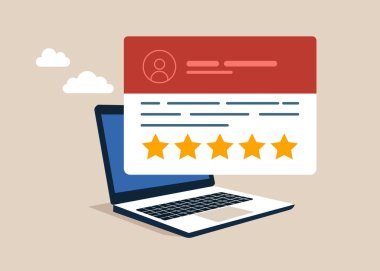 Yorum için tüketici incelemesi ve bir hizmet veya mal derecelendirmesi. Müşteri geri bildirimi ve 5 yıldız puanı. Düz vektör illüstrasyonu