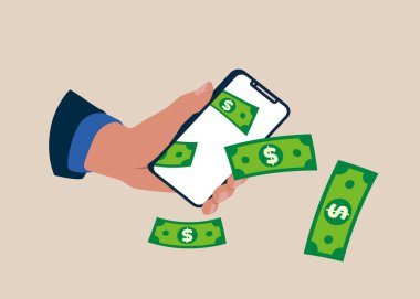 Akıllı telefondan dolar para düşüyor. Vektör iş insanları karakter illüstrasyonu.