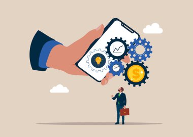 Vites sistemi olan telefon hareket ediyor. Daha iyi kar stratejisi için maliyet ve giderleri optimize et. Düz biçimli modern vektör illüstrasyonu