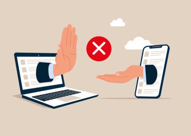 Reddetme işi yatırımı. Sanal bir toplantıda, iş ilişkilerinde ve iletişimde bir teklifi reddetmek. Düz vektör illüstrasyonu