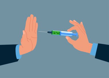 Uyuşturucu ve Kaçakçılığa Karşı Uluslararası Gün. Uyuşturucu bağımlılığı ve reddedilmiş bir el. El, vektör illüstrasyonunu reddeden kişiye uyuşturucu sunar.