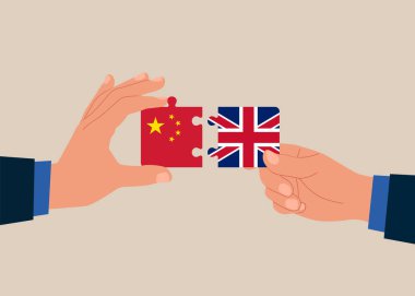 İkili işbirliği. Yapboz unsurları Çin ve Büyük Britanya bayraklarını birbirine bağlıyor. Vektör illüstrasyonu