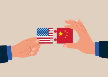 Yapboz unsurları Çin ve ABD bayraklarını birbirine bağlıyor. Karşılıklı siyasi ilişkiler ve işbirliği. 