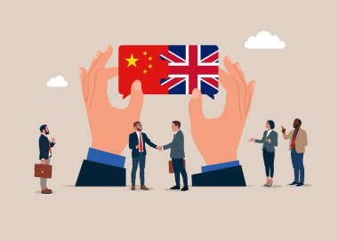 İşbirliği, ülkeler arası ortaklık. Takım çalışması konsepti. İş adamları Büyük Britanya ve Çin bayraklarını birbirine bağlıyor. Vektör illüstrasyonu.