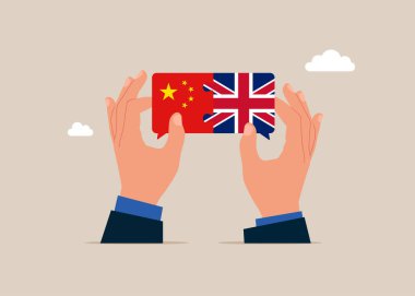 İkili siyasi ilişkiler. Eller Büyük Britanya ve Çin bayraklarını birbirine bağlıyor. Vektör illüstrasyonu.