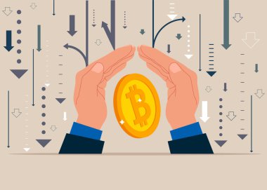 Para Bitcoin 'i ellerinde. İş gelirleri koruması. İyilik metaforu. Düz modern vektör illüstrasyonu