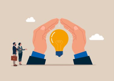 Ellerin altında ampul var. Fikir koruması. Refah, destek sigortası. Düz modern vektör illüstrasyonu