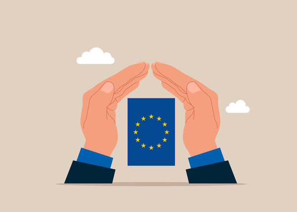 Hands with flag European Union. Insurance and finance saving protection in economy crisis in EU. Wellbeing metaphor. Flat vector illustration