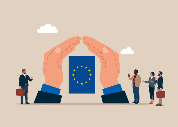 Hands with flag European Union. Safety investment or all weather portfolio in European Union. Wellbeing metaphor. Flat vector illustration