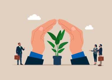 İyilik metaforu. Çiçekler sigorta ellerinin altında saklanır. Düz vektör illüstrasyonu.