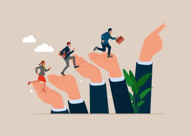 Liderlik ya da kariyer büyüme stratejisi. Büyüme azmi ve başarı. İş adamları basamakları çıkıp liderlerini işaret ediyorlar. Düz vektör illüstrasyonu