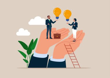 Ampul fikirlerini değiş tokuş et. Fikir alışverişi beyin fırtınası, bilgi, yaratıcılık ve yenilik üzerine. Düz vektör illüstrasyonu.