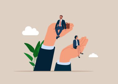 Dev gibi elleri tutan adam ve kadın. Cinsiyet maaş farkı, kadın ve erkek arasındaki eşitsizlik, cinsiyet çeşitliliği sorunu. Düz vektör illüstrasyonu