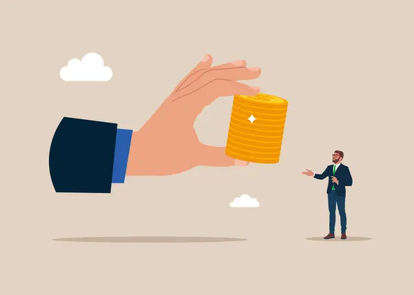 stock vector Big businessman hand give stacks of coins. Modern vector illustration in flat style