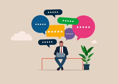 Dizüstü bilgisayarı olan ve diyalog balonunu renklendiren bir iş adamı. Mesaj modern aygıtı. Açık kaynak programlama, dijital ürün kodu. 