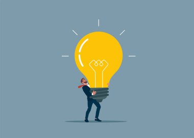 İş adamı ampulü tutar. İş beyin fırtınası. Yaratıcılık ve kararlarla ilgili bir iş. Düz modern vektör illüstrasyonu.