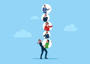 İnsan portresinin sahibi iş adamı. İşe alım işi. Müşterilere, kullanıcılara ya da insanlara odaklan. Pazarlama stratejisi. Düz vektör illüstrasyonu