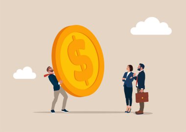 Altın para işadamının elinde. Kapsamlı finansal ya da ekonomik büyüme. Borsadan ya da yatırımdan kazanç. Düz vektör illüstrasyonu