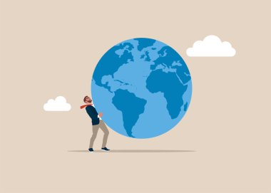 Dünya gezegeninin sahibi iş adamı. İş dünyasını açın. Politik ve iş oyunları. Dünyayı kontrol etmek. Düz vektör illüstrasyonu