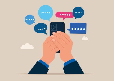 Kollar beklemede. Mesaj iletisi yazarken akıllı telefon kullan. Düz vektör illüstrasyonu
