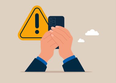 İşadamı akıllı telefonu kullan ve ünlem işareti ile olayı araştır. Olay yönetimi, kök nedeni analizi ya da problem çözme, riski tanımla. Düz modern vektör illüstrasyonu